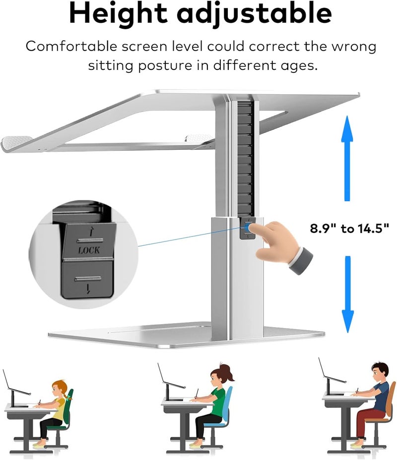 VECOFO Laptop Stand for Desk, Ergonomic Aluminum Laptop Stand Adjustable Height from 7-15", Sitting and Standing Laptop Riser for 10-17" Notebook (Silver) - Image 3